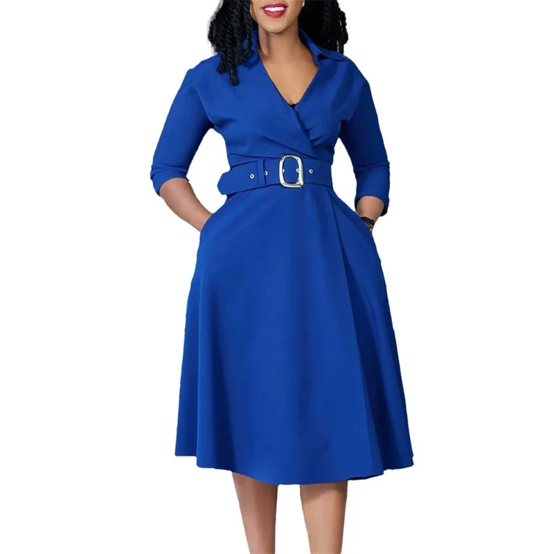 

Eleagnt 2025 New for African Women Office Lady V-neck Belted Knee Length Dresses Ankara Party Gown Dashiki Vestidos Solid Color