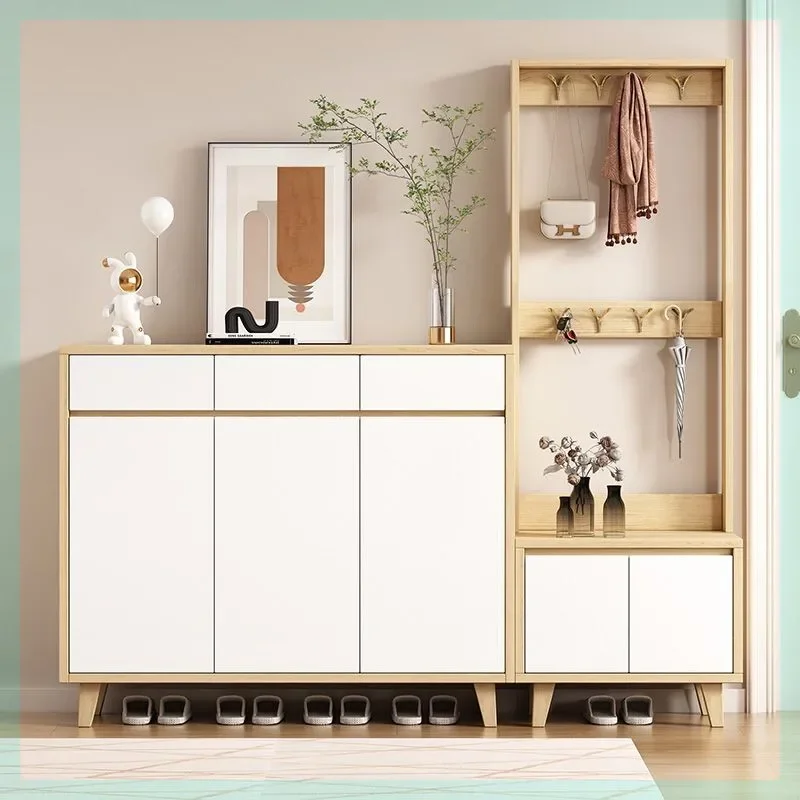 Solid wood shoe cabinet household large-capacity door shoe rack storage entrance hanger locker integrated coat rack