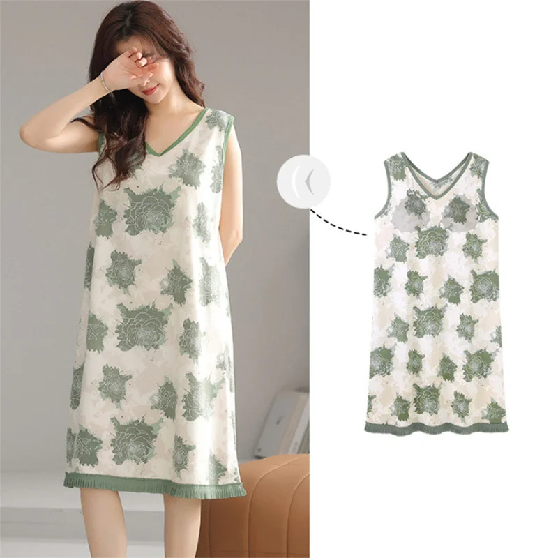 M-4XL Bra Sleepwear Women\'s Nightgowns Sexy Sleeveless Printed Night Shirt Large Size Cotton Nightdress Casual Home Wear Dress