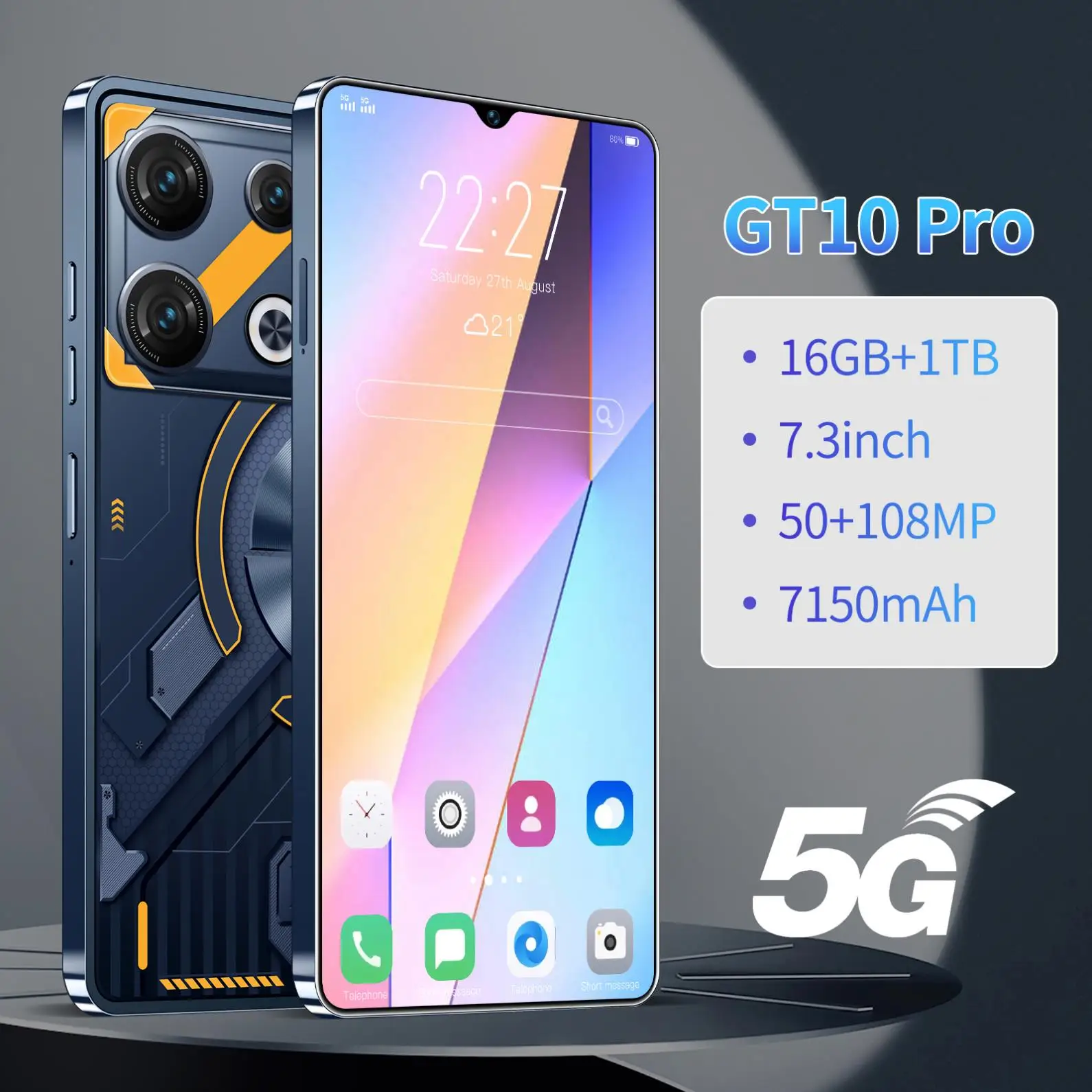 2024 GT10 New Model Gaming 5G-smartphones With Ultra-Slim Straight Screen And Face Recognition Support