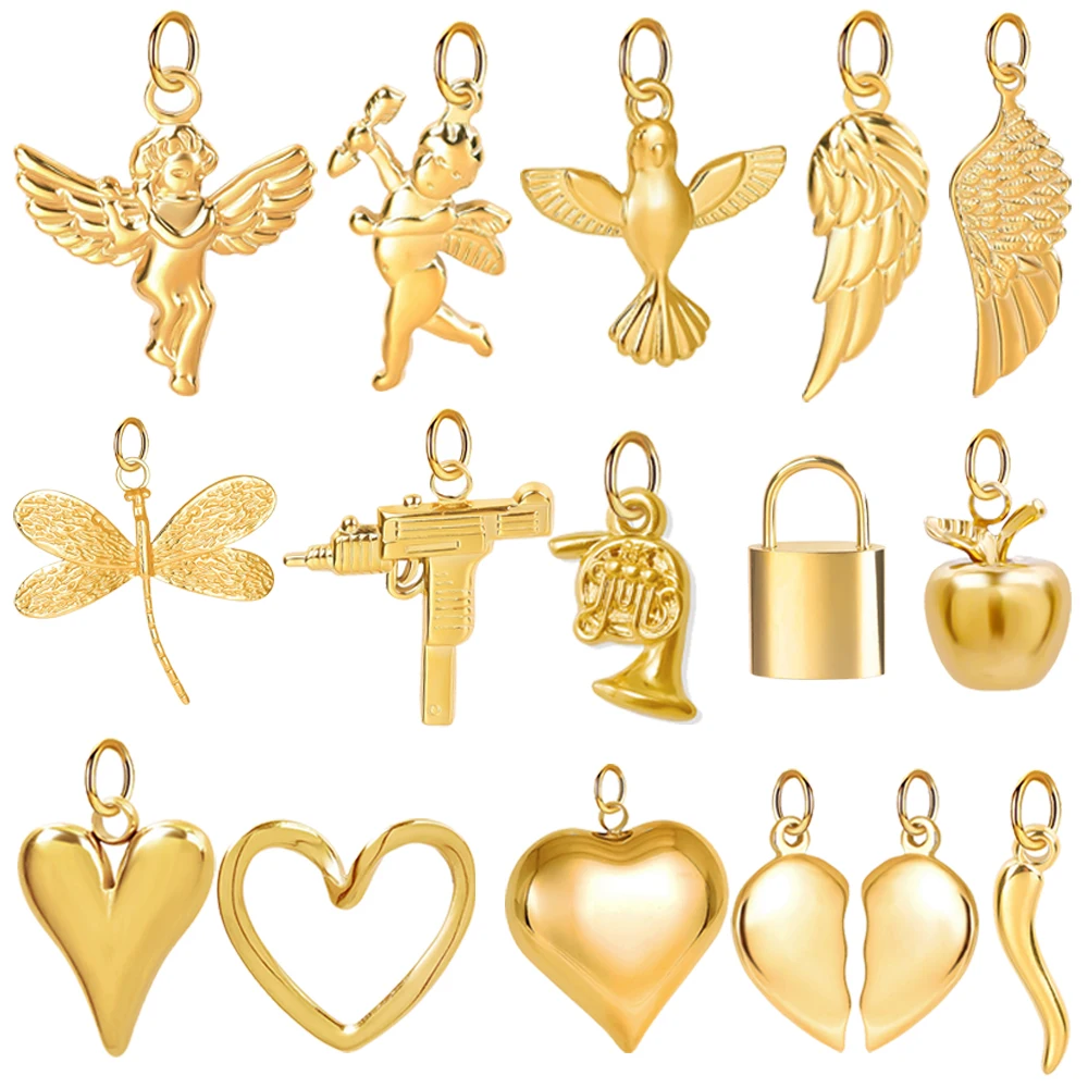 Amuletos de Ángel gótico para fabricación de joyas, colgante de acero inoxidable, Color dorado, bonito dije de corazón, collar Diy, colgantes, pulsera, pendiente