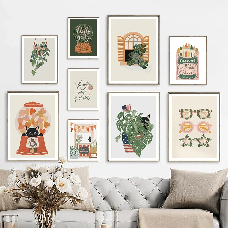 Bola de cristal, bandera nacional, plantas verdes, hierba de la suerte, gafas bonitas, cuadro sobre lienzo para pared, póster nórdico, decoración de habitación