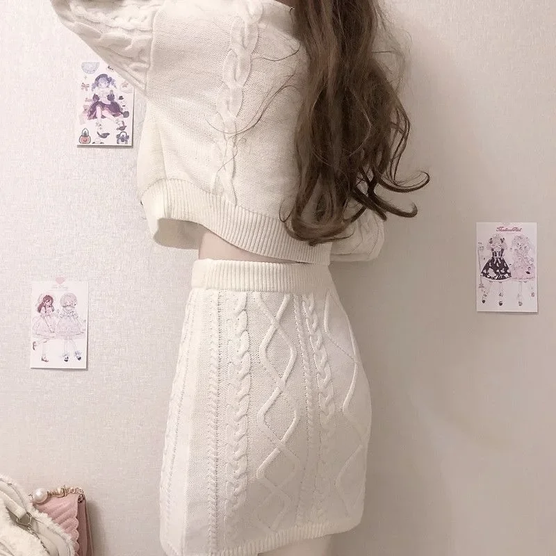 Kawaii Japanese Style Beige Knitted Set Women Threaded Long Sleeve Sweater Short Tops and High Waist Mini Package Hip Skirt Suit