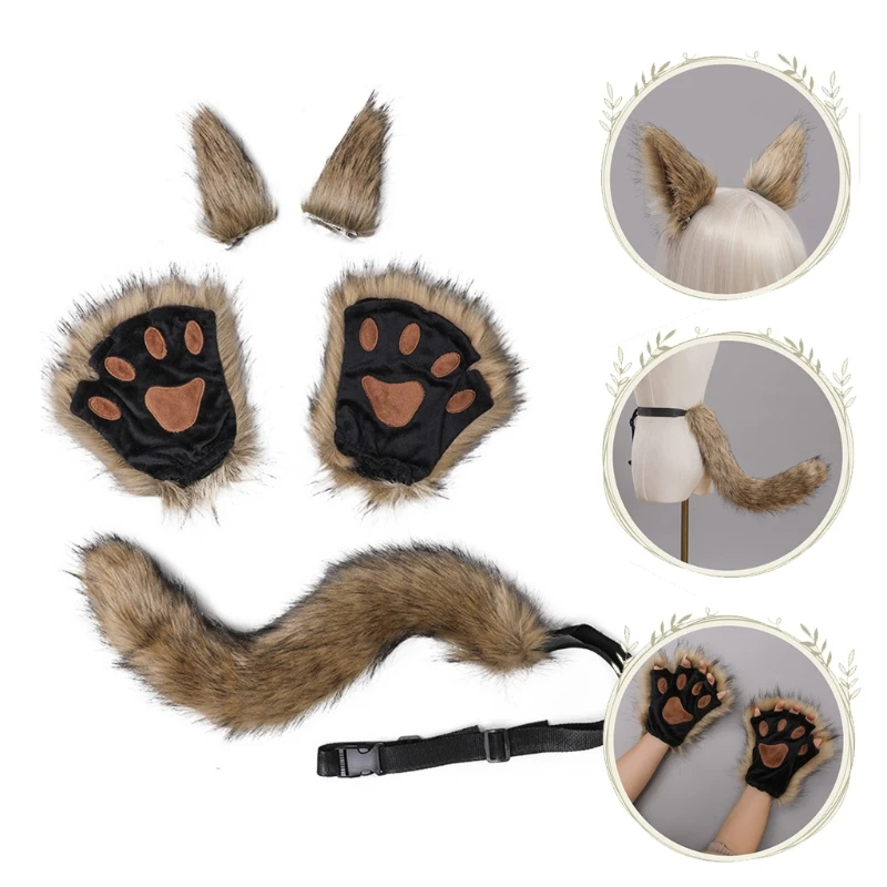 5 Pieces Wolf Girls Anime Cosplay Set Foxes Ears Hair Clips for Cat Gloves Plush Tail for Halloween Party