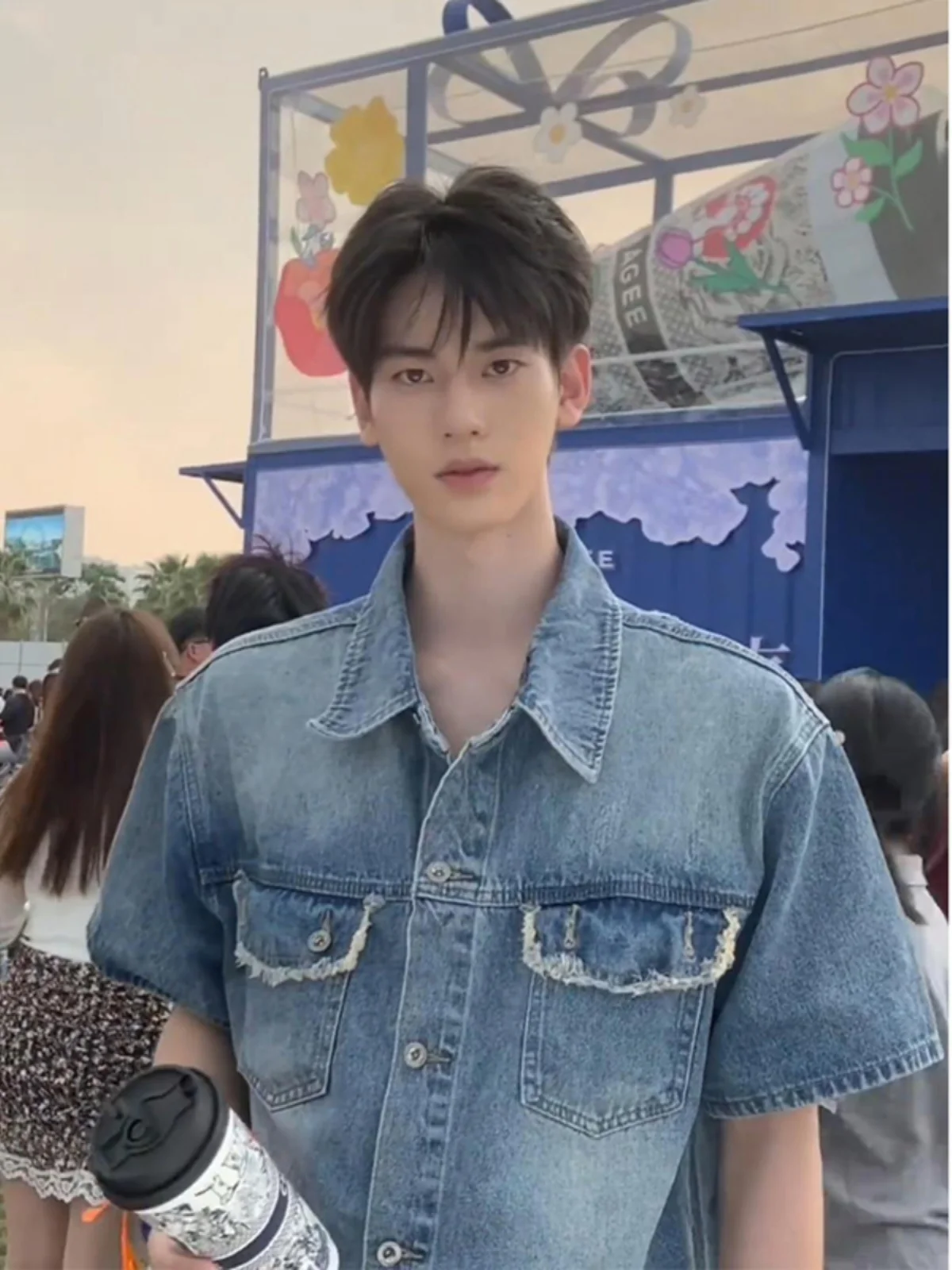 Blue Padded Shoulder Denim Short Sleeve Men's Shirt Vintage Workwear Jacket Summer Trendy Brand Worn  Retro Work Shirt