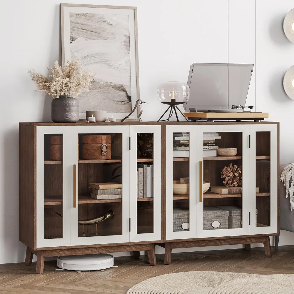 Sideboard 31 Inch Buffet Cabinet W 3-Tiers Shelves and Glass Display Door, Console Table Storage/Pantry Cabinet Coffee Bar