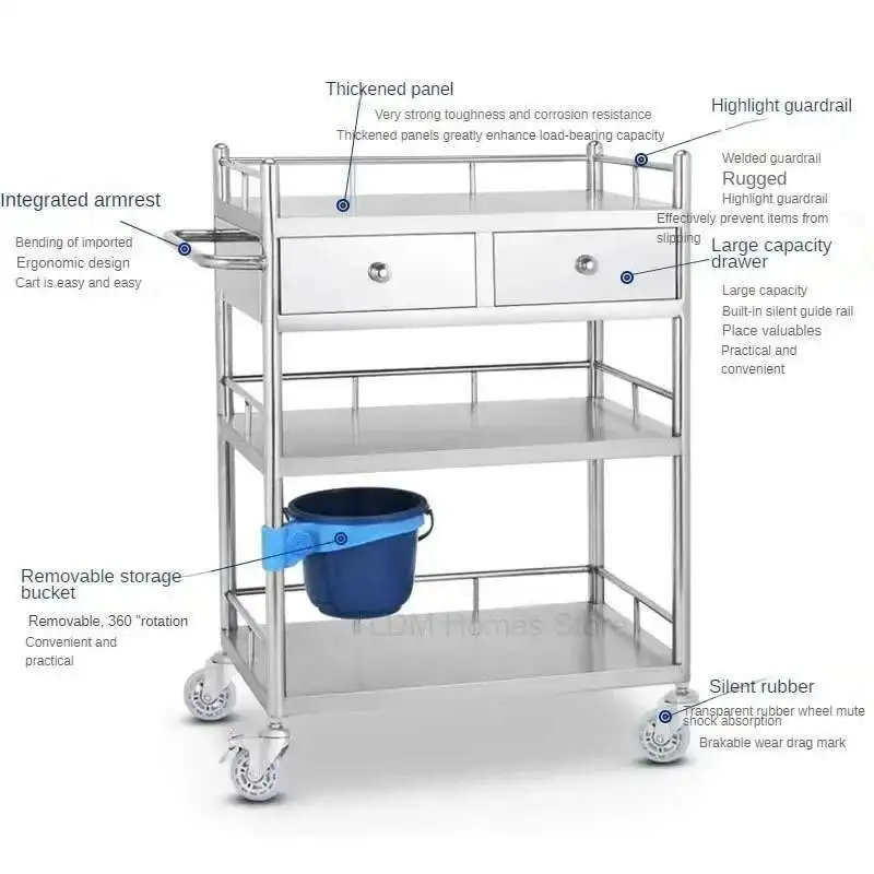 Thickened Stainless Steel Medical Beauty Trolley Rack Surgical Instrument Trolley Instrument Table Nurse Dressing Small Cart M