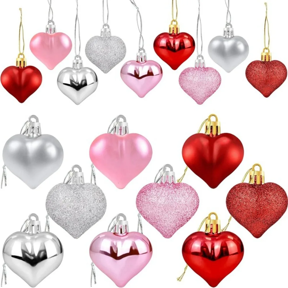 12PCS Christmas Valentine's Day Heart Ball Ornaments Set Glitter Plastic Hanging Heart Ball Pendant 4.5CM Xmas Tree Decor