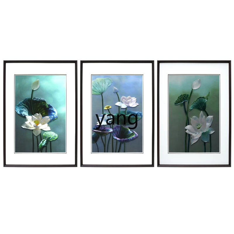 LTT new Chinese triple lotus handmade Suzhou embroidery living room sofa background embroidery decorative painting