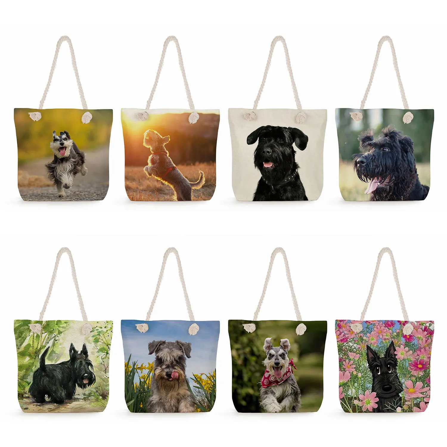 Schnauzer Animal Dog Printed Women Shoulder Bag Eco Reusable Ladies Shopping Bag Outdoor Beach Travel Handbags High Capacity