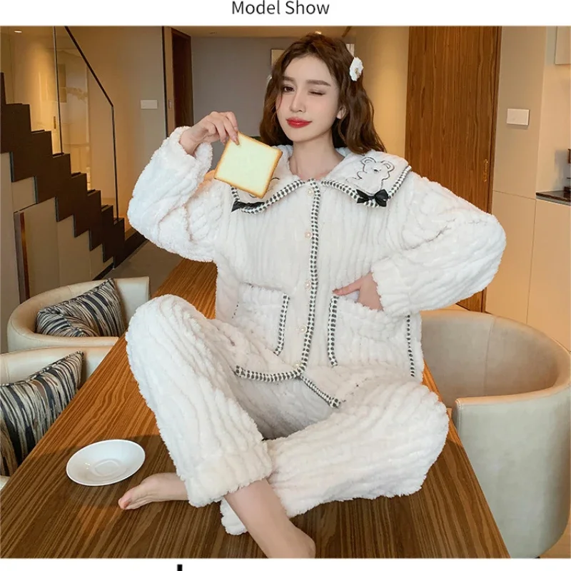 5XL Large Size Plush Pajamas Women\'s Winter Coral Fleece Homewear Sweet Ins Long-sleeved Cardigan Trousers Loungewear Outwear