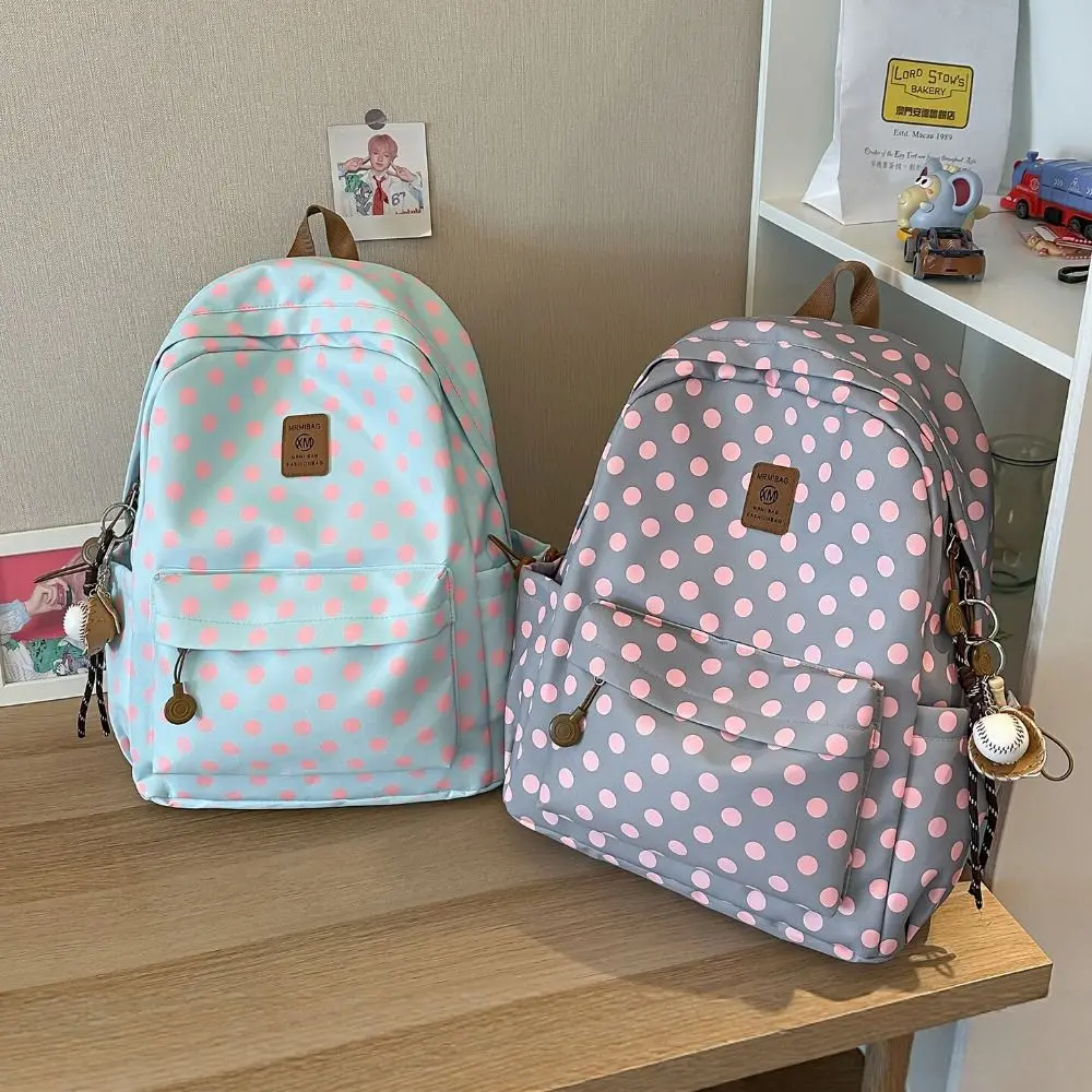 Sweet Polka Dot Backpack Minimalist Multiple Pockets Lace Trim Rucksack Large Capacity Lightweight Student School Bag Travel Use