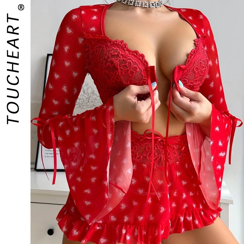 Toucheart 3 pezzi Set See-through Sexy Lingerie per le donne Red Love Bra Mesh Patchwork increspato Lace Up gonna perizoma vestito Sexy nuovo