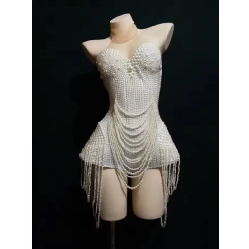 

White Beaded Pearls Women Birthday Party Bodysuits Mesh Jumpsuits Nightclub Singer Dancer Performance Drag Queen Stage Wear