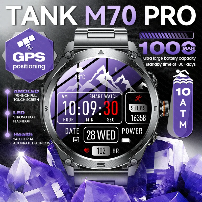 

Новые военные смарт-часы TANK M70 с GPS-позиционированием, аккумулятором 1000 мАч, водонепроницаемостью 10ATM, для мужчин, с AMOLED HD-экраном 1,75 дюйма, функцией звонков по Bluetooth, спортивные смарт-часы