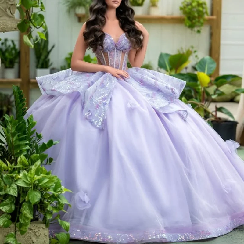 

lavender purple Quinceanera Dress off-shoulder flower decal Lace layering Long tail Bow vestidos de 15 Quinceanera ﻿Customized