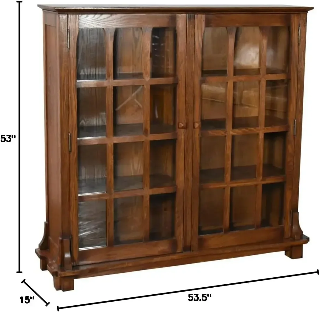 Arts and Crafts Wood Double Door Bookcase in Dark Walnut