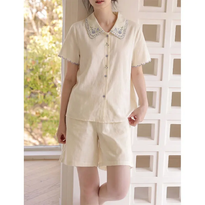 Women's Summer Soft 100% Cotton Double Gauze Shorts Pajama Set, with Embroidered Peter Pan Collar Short-Sleeve Loungewear.