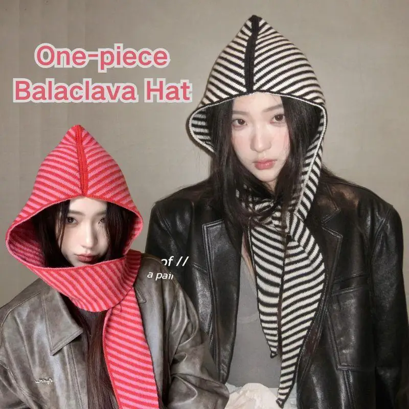 

Autumn Winter Korean Striped Hat Scarf One-piece Striped Balaclava Hat Integrated Women's Warm Shawl Scarf Knitted Hat Hooded