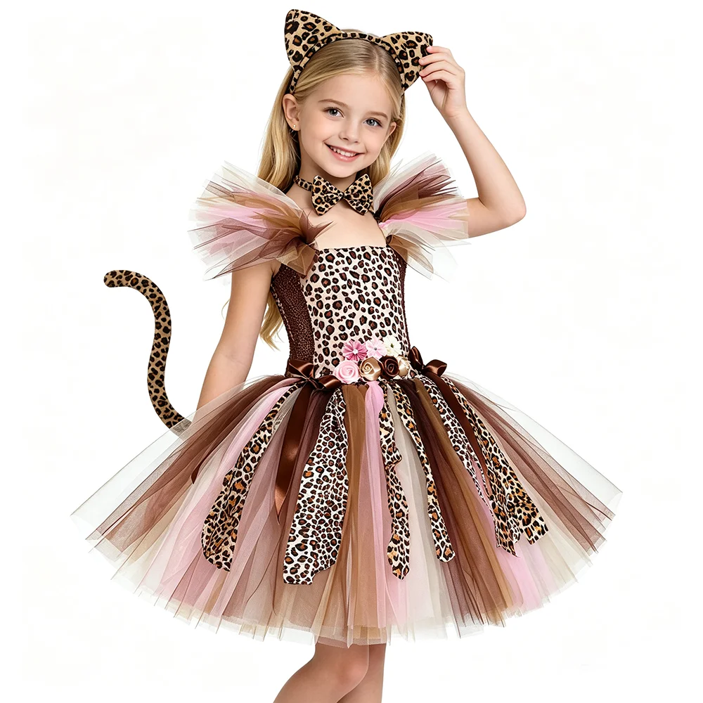 Halloween Kids Leopard Cat Brown Tutu Dress Girls Jungle Cheetah Print Outfit Children Party Skirt with Ears Bow Tail Daily Wear