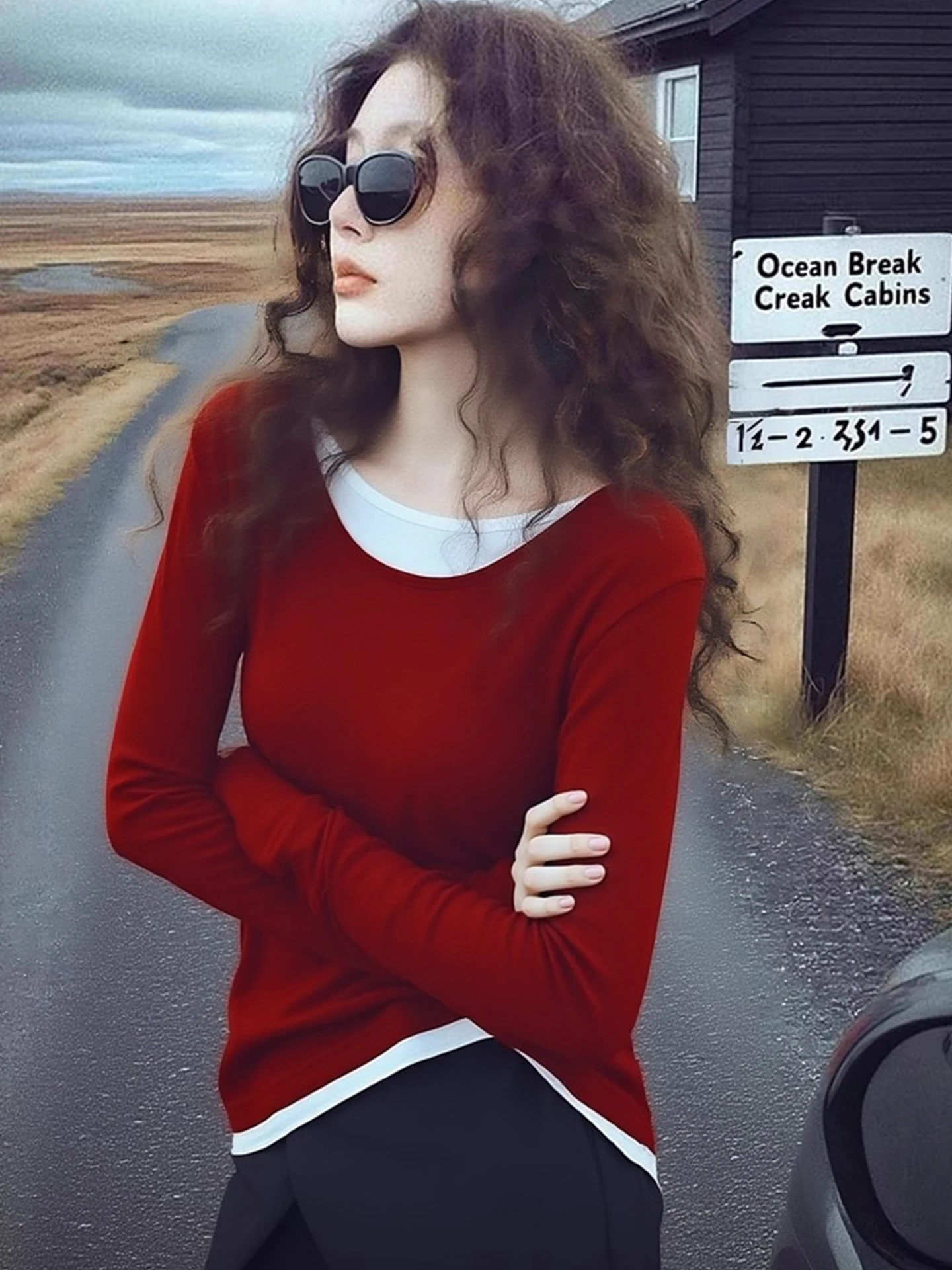 

Elegant Slim Fit Red T-Shirt Comfortable Base Layer Shirt Women's Fashionable Early Spring Long Sleeve Crew Neck Top