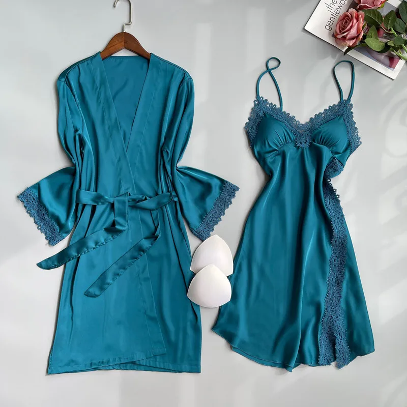 

New Summer Nighty Robe Suit Women Nightgown Sleepwear Two-Piece Bathrobe Gown Set Sexy Lace Kimono Nightwear Satin Home Wear