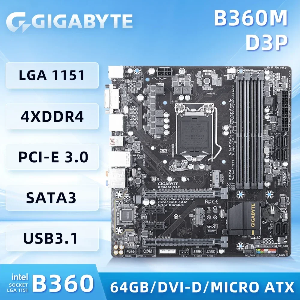 GIGABYTE B360M D3P Motherboard CPU Support for 9th and 8th Gen Intel Core i7 i5 i3，LGA 1151 DDR4 DVI-I Intel B360 64 GB