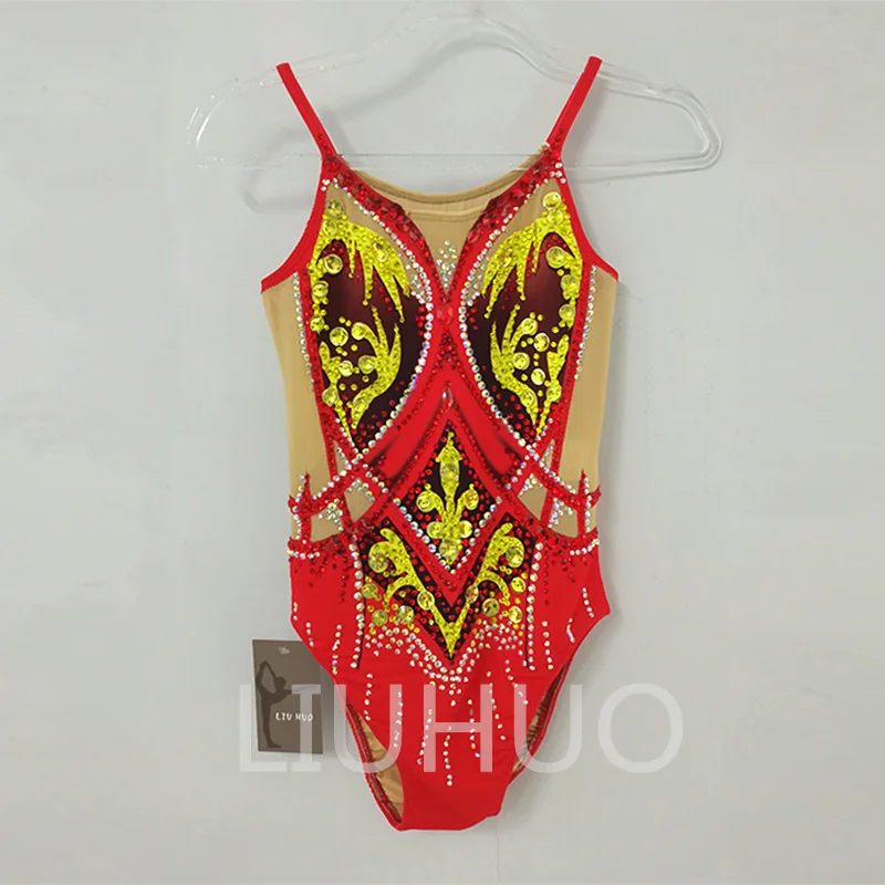 LIUHUO Handmade Synchronized Swimming Suits Women's Girls Training Competitive Sleeveless Leotards Red