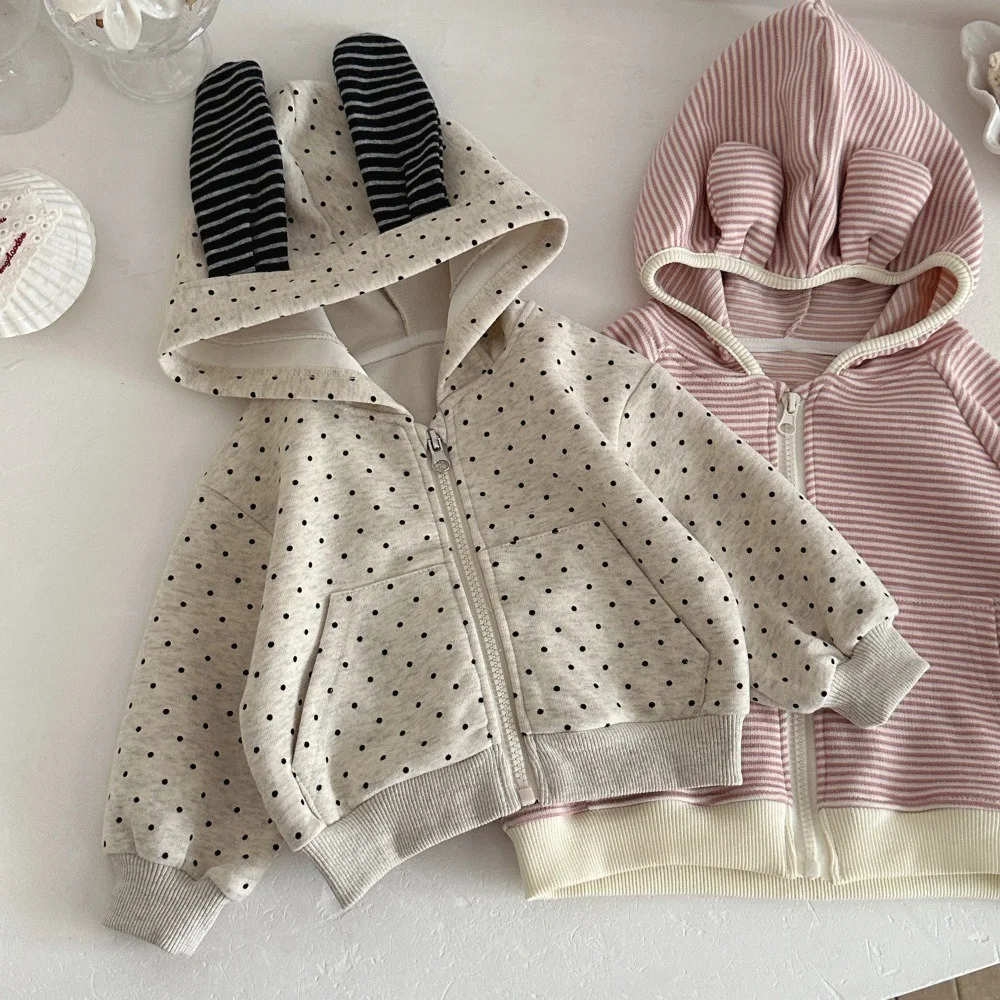 Baby Girl Big Bunny Ear Hooded Jacket Autumn Winter Long Sleeve Zipper Cardigan Polka Dot Striped Pocket Coat