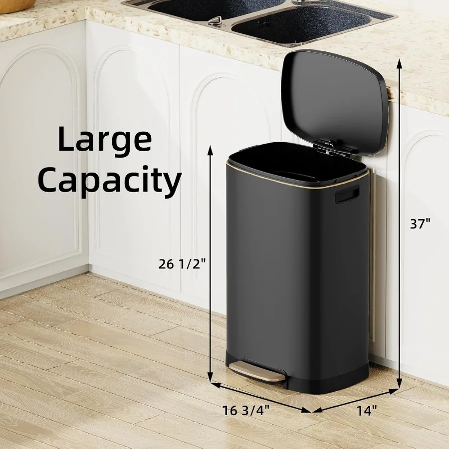 13 Gallon Stainless Steel Trash Can, 50L, Rectangular, Soft-Close Lid, Fingerproof Finish, Hands-Free Operation, Odor Protectio