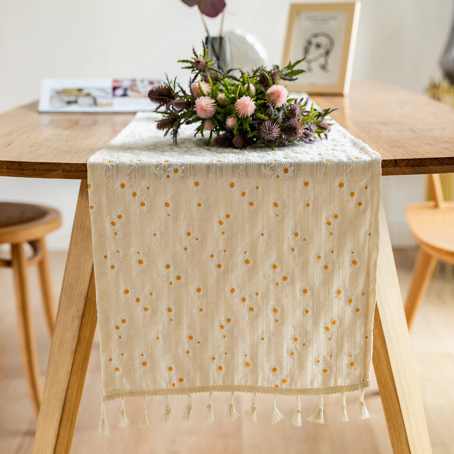 

Boho Table Runner for Summer Home Decor with Tassels Farmhouse Rustic Flower Table Runner for Living Room Bridal Shower