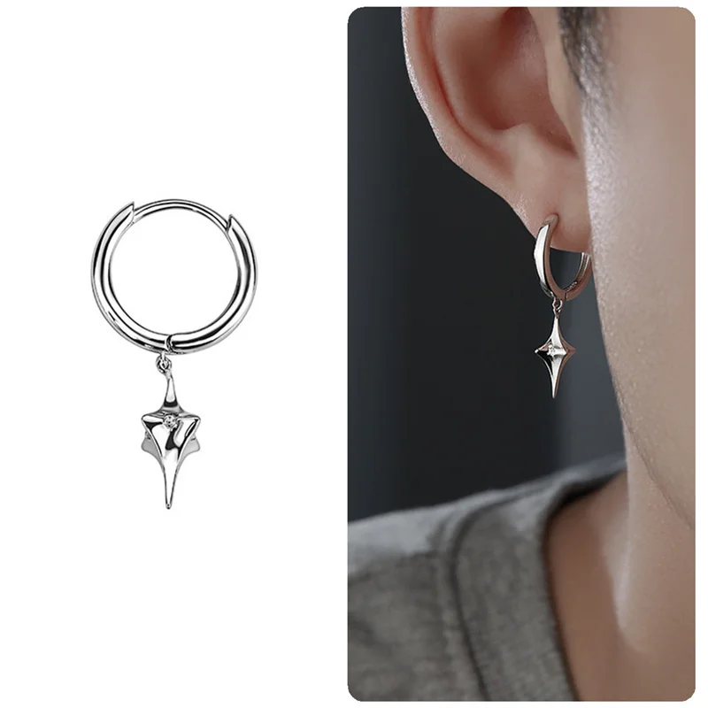 Trendy 925 Sterling Silver Earrings Men Jewelry Fashion Star Hanging Drop Earrings Personality Male Hoops Ear Buckle For Boys