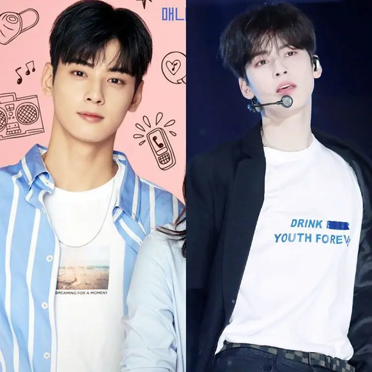 New Kpop Korean Stars Drama True Beauty Cha EunWoo Costume ChaEunWoo casual loose student short-sleeved t-shirt Gift