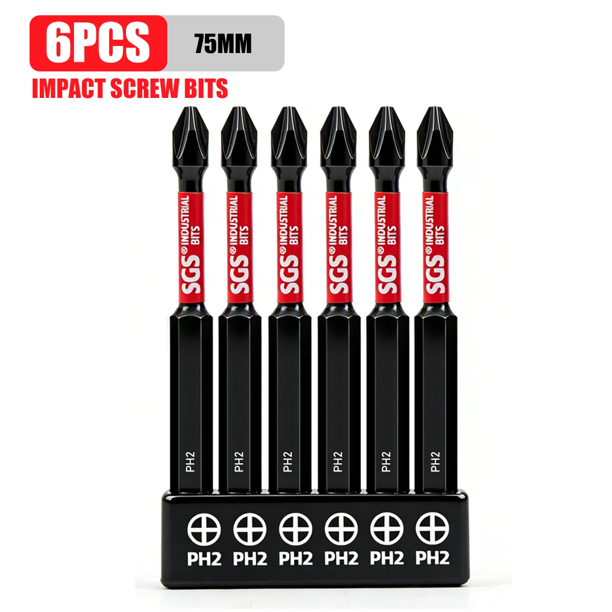 75Mmph2 Cross Impact Screwdriver Bits, 6-Piece Set, S2 Alloy Steel, High Hardness, Household DIY Auto Repair Tools