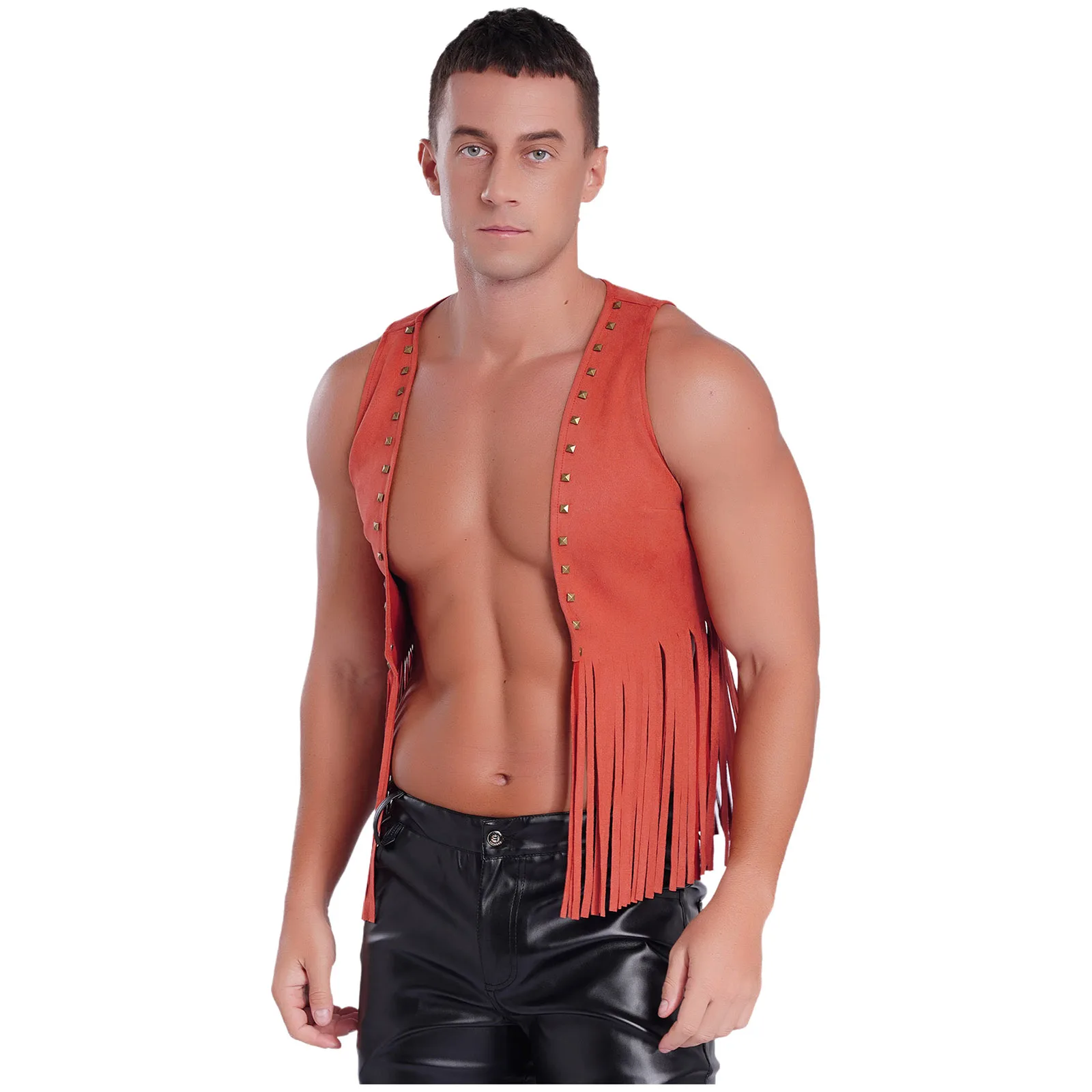 Men's Hippie Vintage Fringe Faux Suede Vest Sleeveless Open Front Rivets Tassel Vest Tank Top Western Cowboy Halloween Jackets
