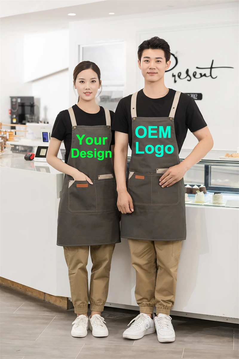 Canvas Professional Kitchen Apron Butcher Personalization OEM Your Logo Bib Apron for Supermarket Cashier Work Uniform