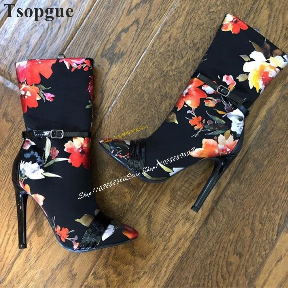 

Mid Calf Black Buckle Strap Flower Print Boots Thin High Heel Women Shoes Side Zipper Pointed Toe 2025 Sexy Zapatos Para Mujere