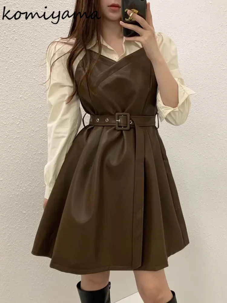 Fake Two Piece Vestidos Mujer Patchwork Pu Leather Women Dresses Long Sleeve Dress Korean Chic Vestido 2025 Laple Neck Robes