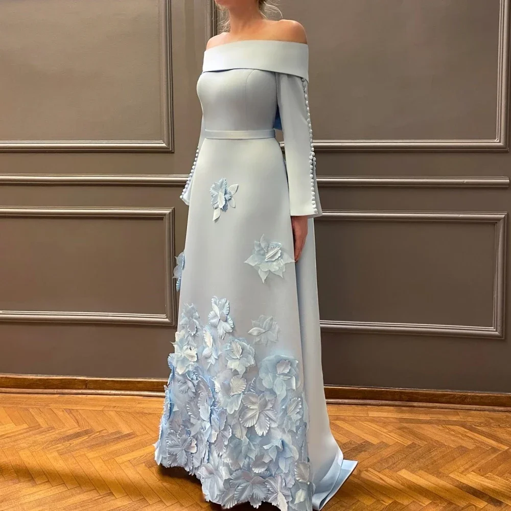 

JDY Custom Elegant Off-Shoulder Evening Gown Light Blue Satin فستان حفلات الزفاف Floral Appliqué Long Sleeve