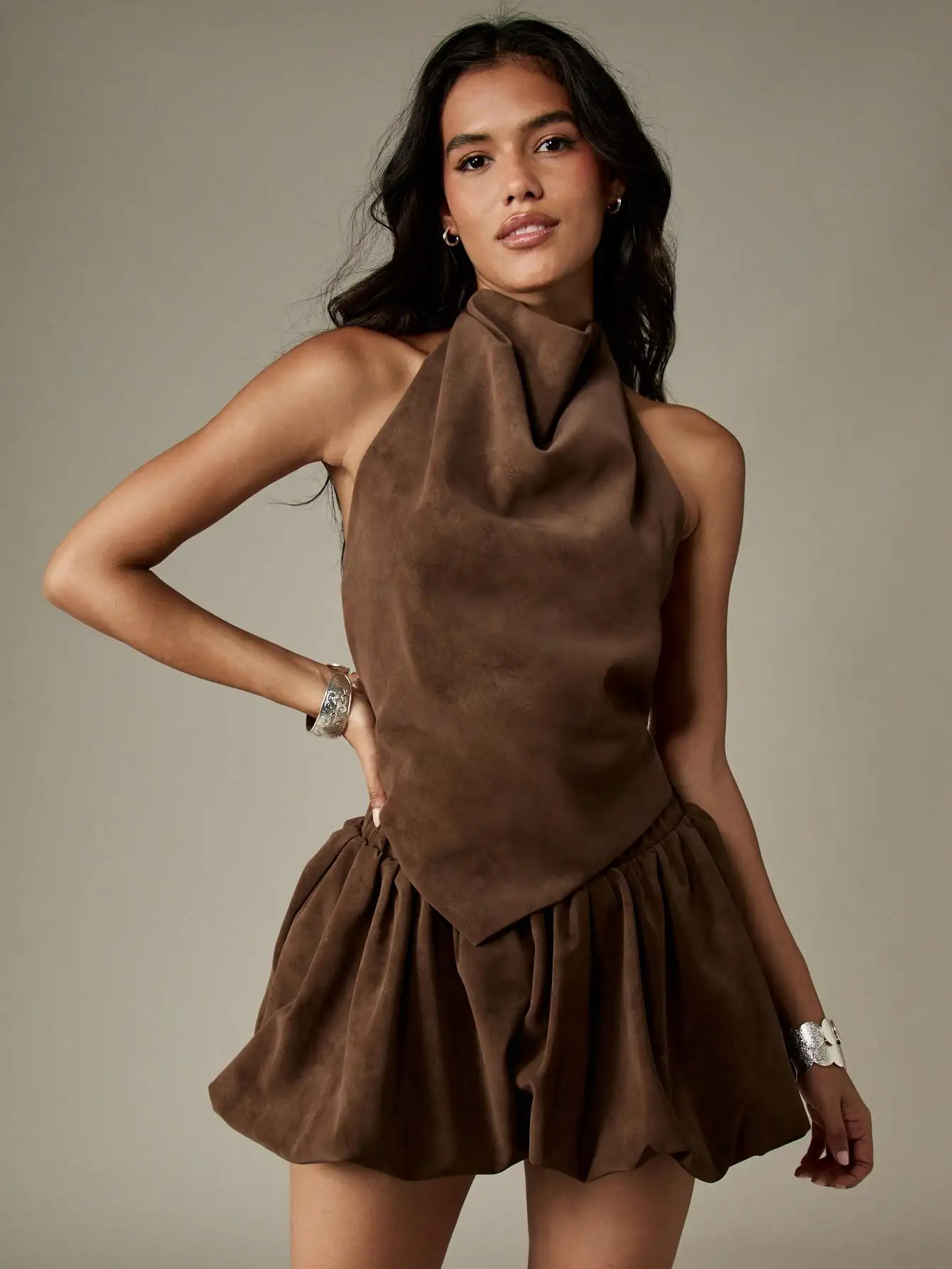Brown Suede Halter Neck Two-Piece Set with Ruffle Hem and Open Back