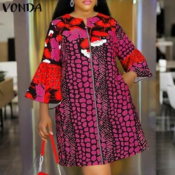 Artı boyutu 5XL VONDA kadınlar Bohemian baskılı elbise 2024 Vintage kısa elbise parlama kollu parti Sundress Casual Vestido Robe Femme