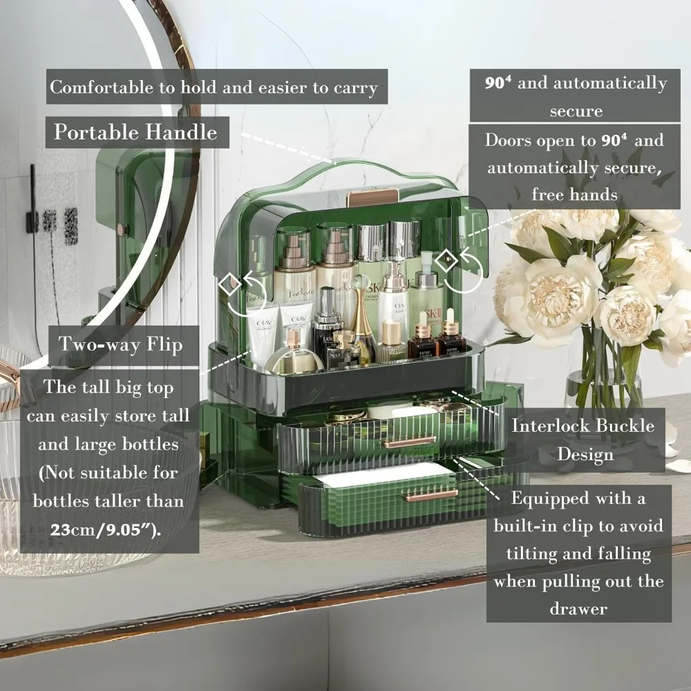 LINFIDITE Cosmetics Storage Box Transparent Lid Large Makeup Organizer Box Drawers Portable Handle Waterproof Dustproof