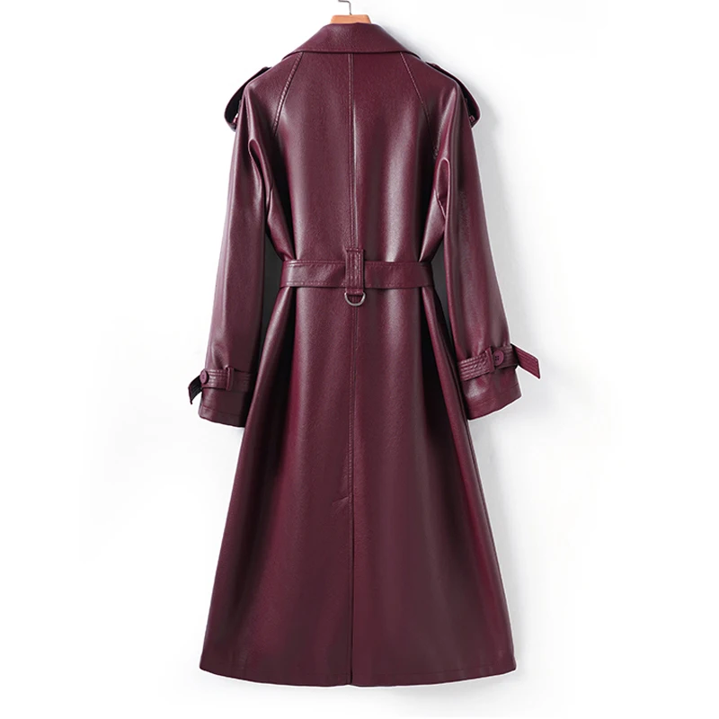 Classic Double-breasted Women's Wine Red Lace-up Belt Sheepskin Trench Coats Chic Ladies Lapel Long Split Leather Trench Outwear