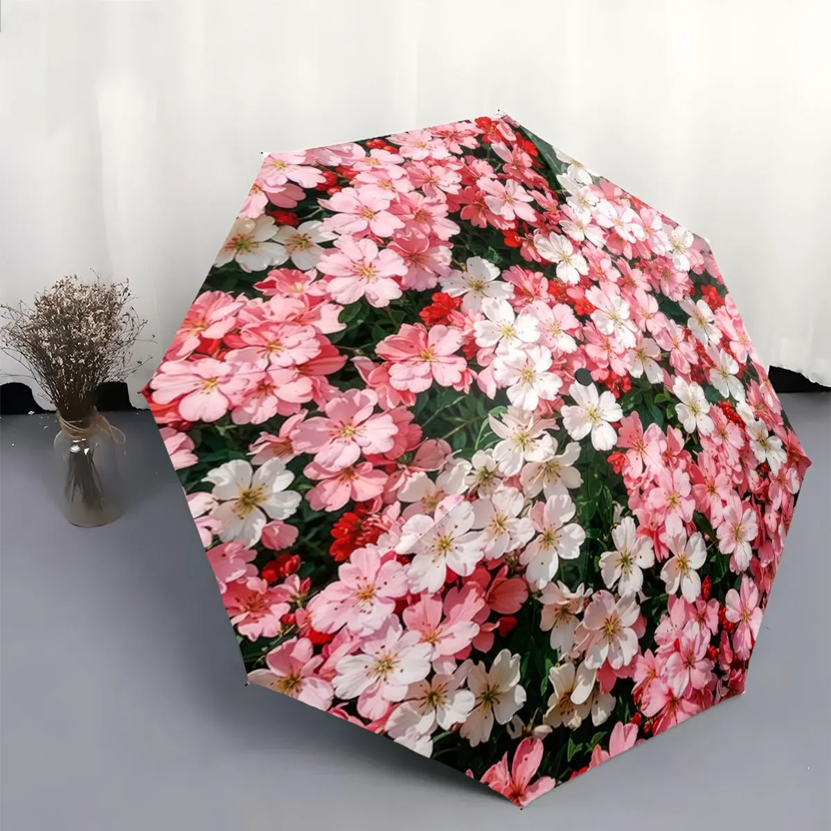 

1pc Floral Pattern Pink and White Blossom Umbrella | Portable Collapsible Design, Casual Outdoor Accessory, for all Seasons, C