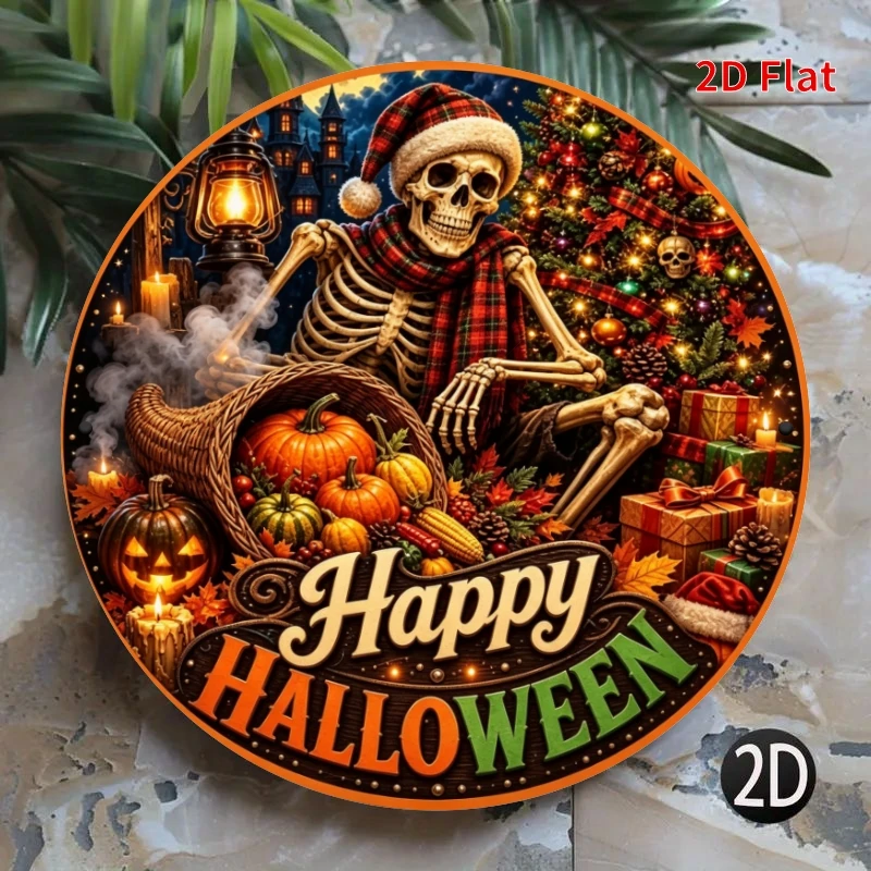 2D Flat - Decorative Sign 2D Flat - [2Dflat]1pc 20X20Cm Happy Halloween Round Metal Tin Sign, Spooky Skeleton Santa Hat Pumpkin