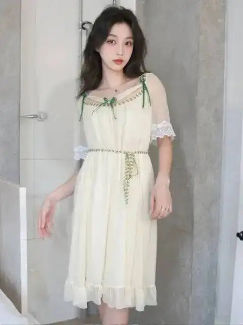 Summer Sexy Women's Dress Lace Robe Ladies Loungewear Lace Trimmed Skirt With Wrinkled Hem At The End Of The Dress elegant PDTV