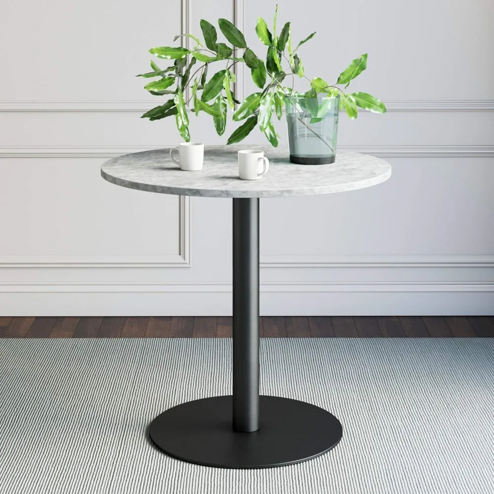 Small Mid-Century Modern Kitchen or Dining Table with Faux Carrara Marble Top and Brushed Metal Pedestal Base