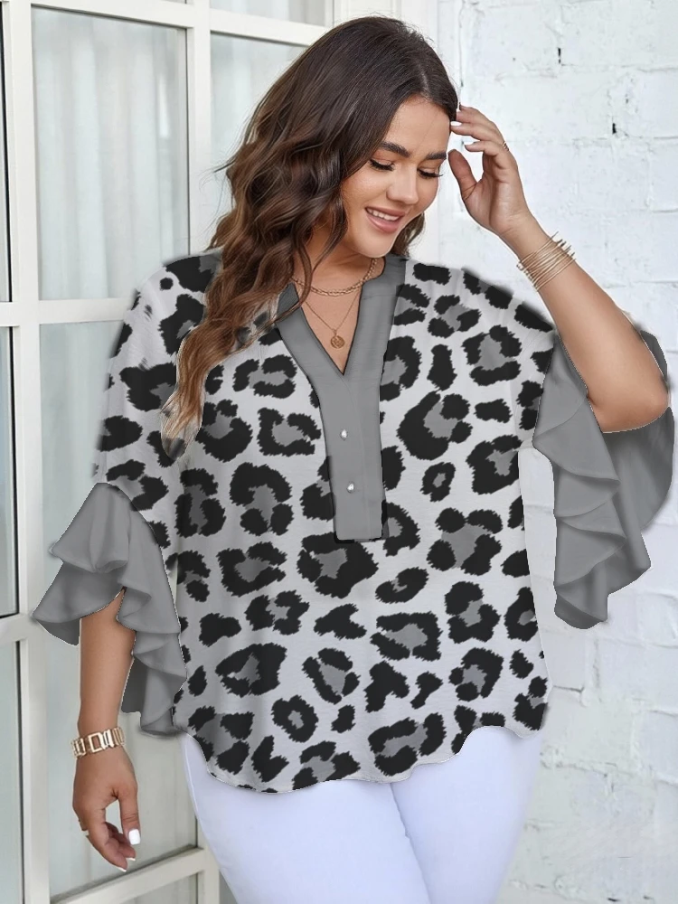 

Винтажные блузки больших размеров для женщин: рубашки с леопардовым принтом, рукавом 3/4, воротником хенли, V-образным вырезом и рюшами, праздничные топы