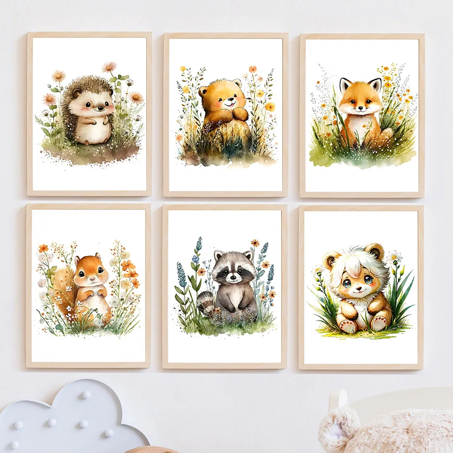 Cartoon Squirrel Hedgehog Bear Fox Jungle Animal Cute Nursery Poster Canvas Painting Wall Art Print Picture Baby Kids Room Decor