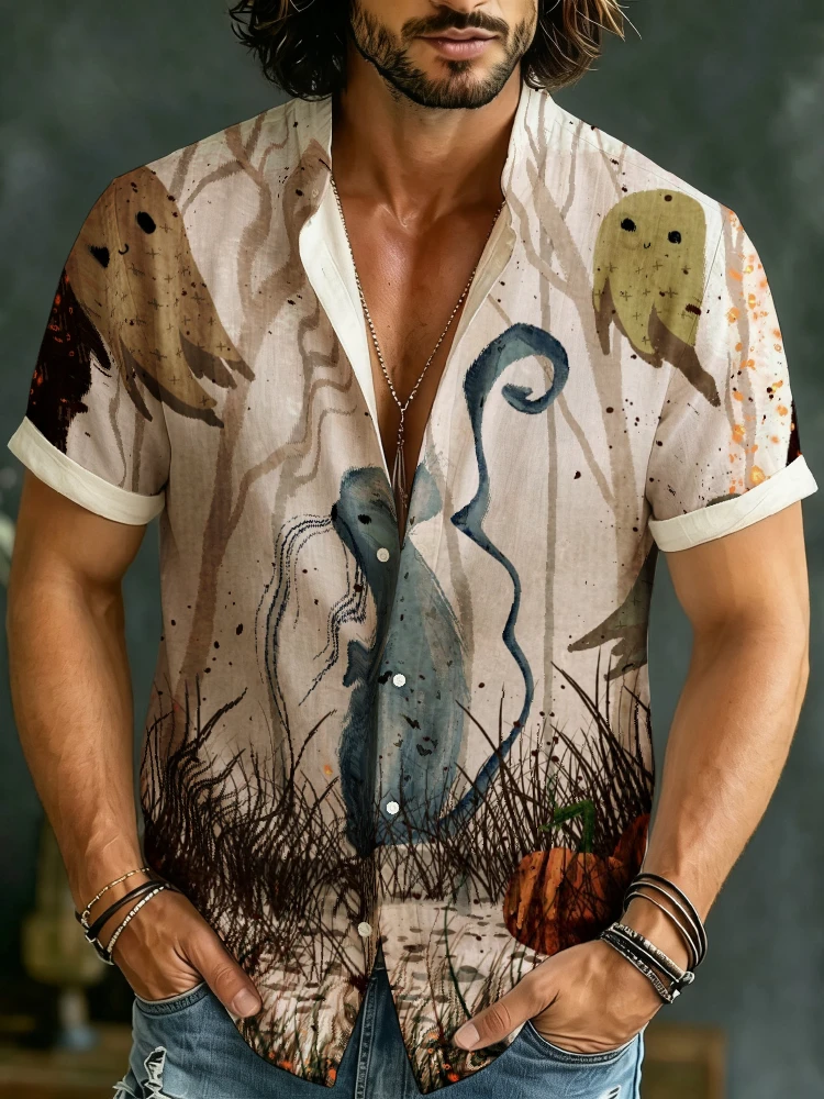 Mens Mandarin Collar Short Sleeve Shirt Halloween Forest Art Print Breathable Loose Button Up Tops Oversized Tunics